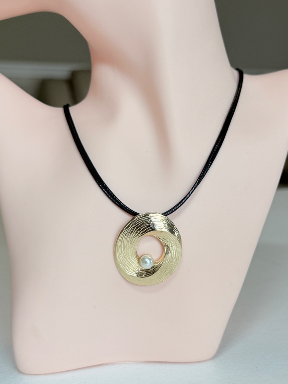Gold Circular Pendant Necklace with Pearl on Black Cord